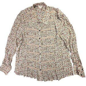 J Jill Shirt Women 1X Beige Floral Lace Trim Button Boho Blouse Cottagecore